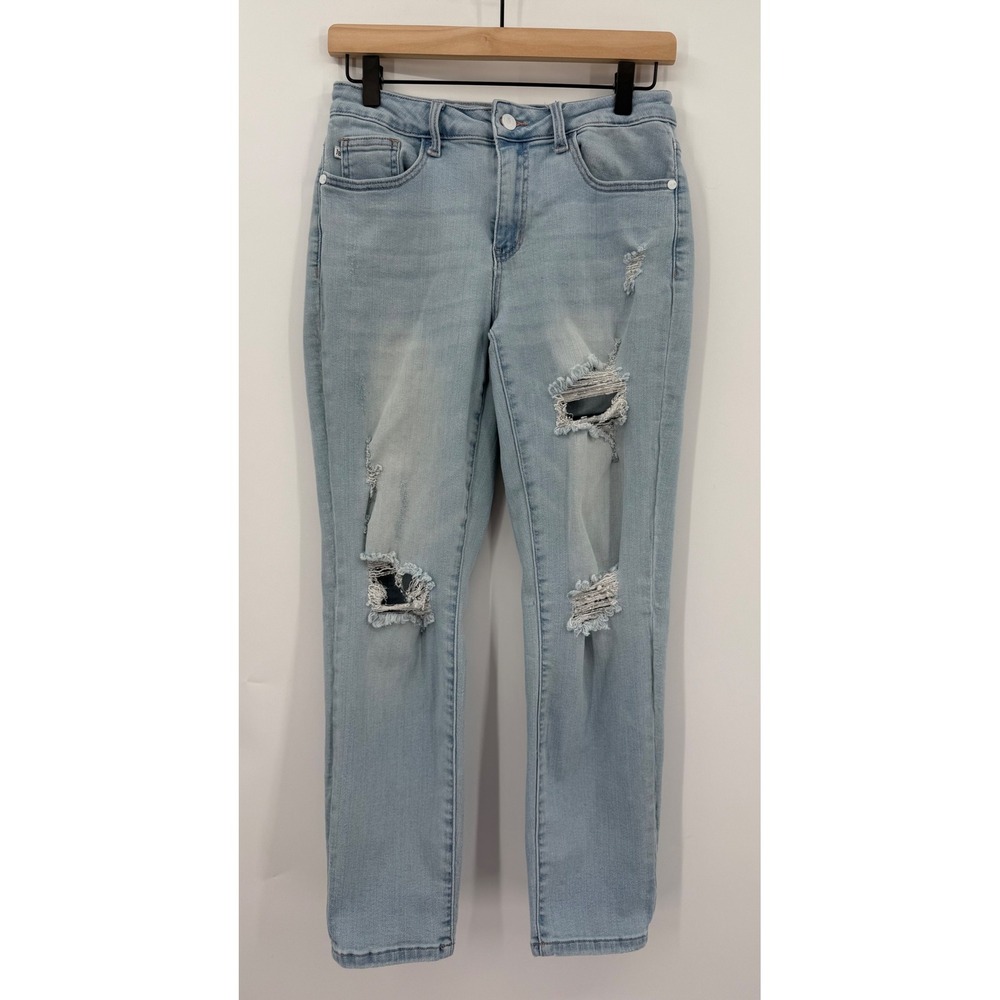 Judy Blue Jeans Womens 5/27 Blue Boyfriend Fit Distressed Light‎ Wash Denim